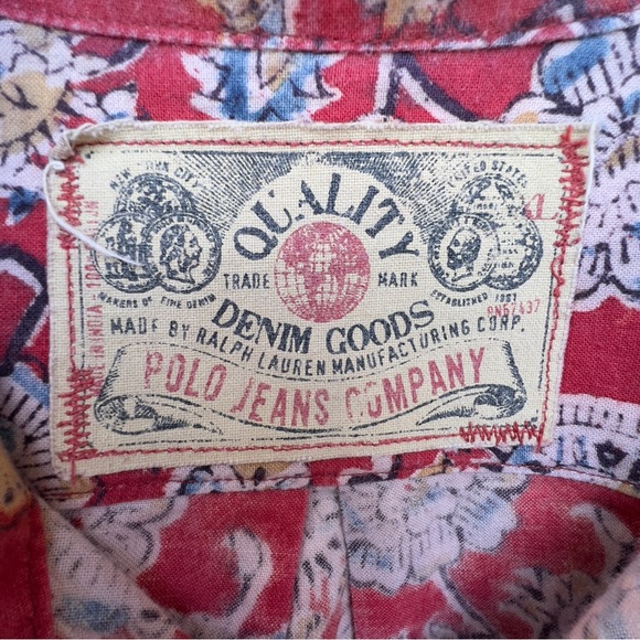 Vintage Ralph Lauren Polo Jeans Co. Quality Denim Goods Print Camp Shirt - Picture 16 of 16